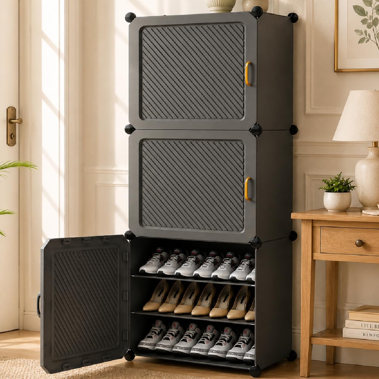 Mevigo Plastic Shoe Rack for Home with Door | Tier Stackable Shoe Organizer | Holds Pairs |Waterproof & Dustproof | DIY Modular Shoe Cabinet |Chappal Slipper Stand for Bedroom (Grey-HU, 9- Layer)-image-34
