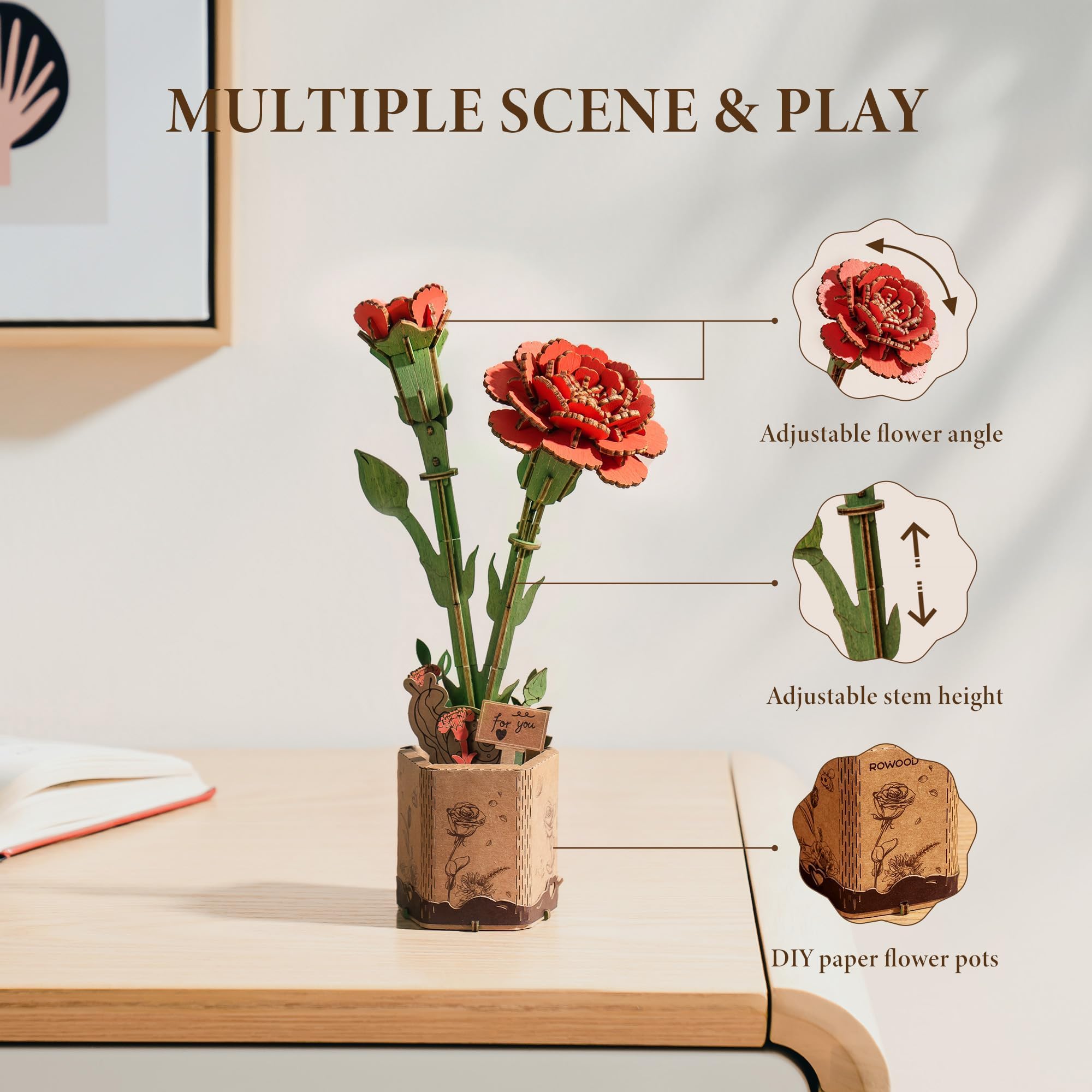 Amazon.com: ROBOTIME 3D Wooden Flower Puzzle, Red Carnation DIY