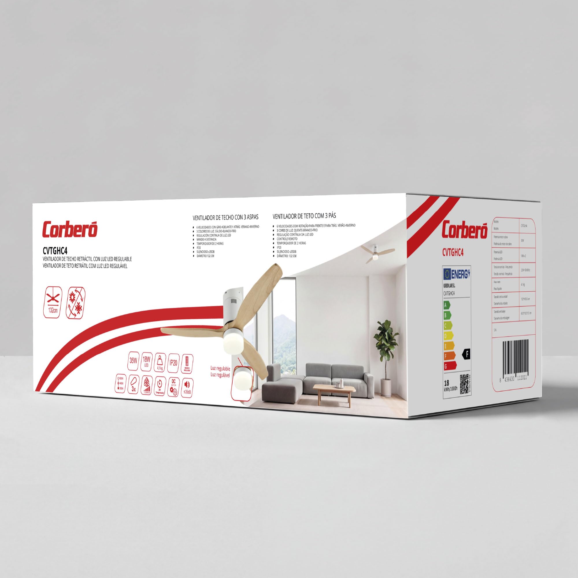 Corberó - Ventilador de Techo con Luz LED 132 cm | CVTGHC4 |Silencioso | 6 Velocidades | Diseño Nórdico | Temporizador|Mando a Distancia | Modo Verano - Inverno |Aspas de Madera Clara