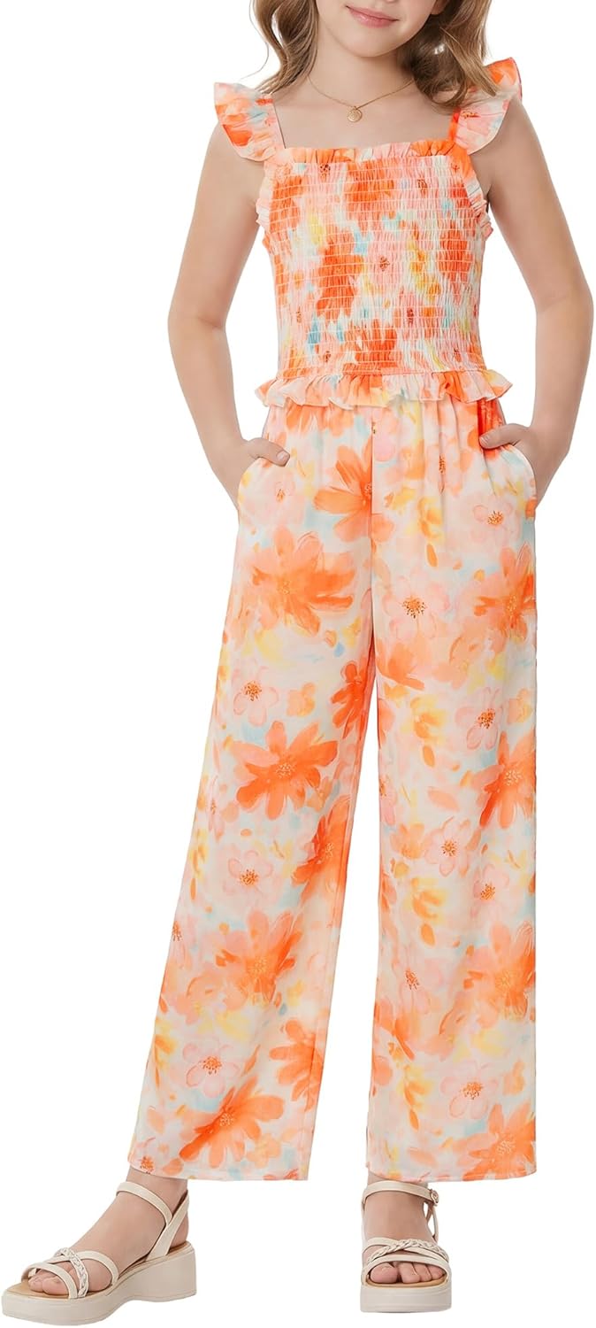 GRACE KARIN Girls Romper Fashion Floral Jumpsuit Summer Casual Ruffle Wide Leg Pants One Piece Outfits 7-14 Years