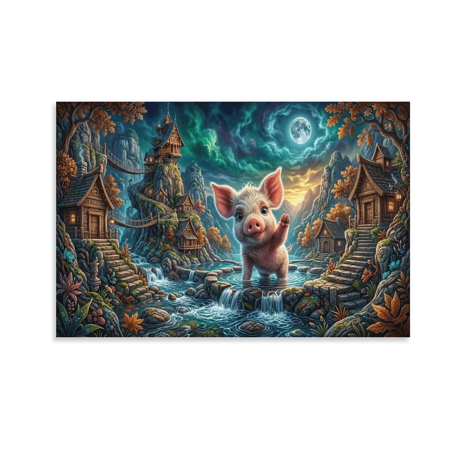 XPASHIQWC Cute Piglet Wall Decor Poster Moonlit Stream Giclee Canvas Prints Modern Wall Art Picture Wall Hanging for Dining Room Kitchen Home Office Decor 24x36inch(60x90cm)