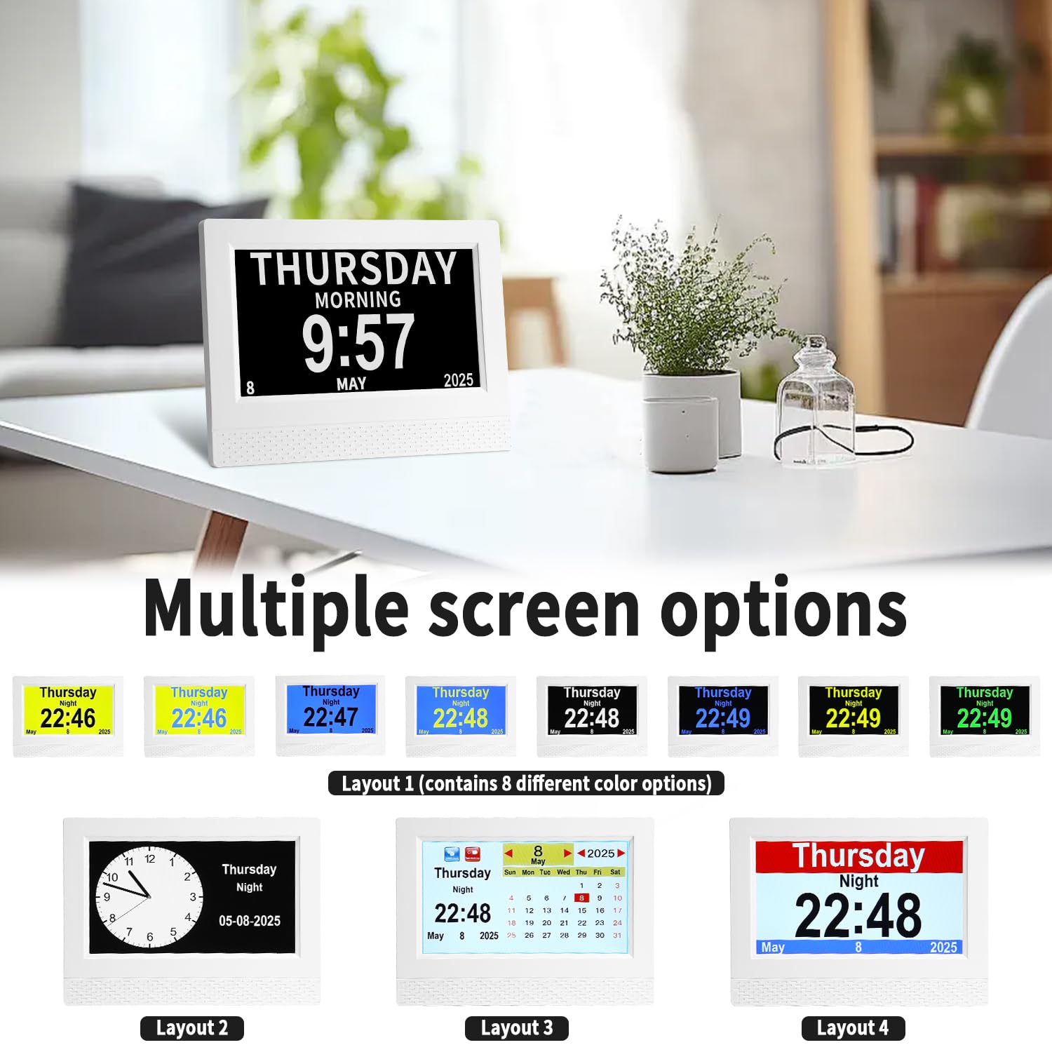 7" Pouce LCD Horloge Numérique, Calendrier avec Date Jour Et Heure Non-Abrégée Auto Dimming, 10 Langues HD Display Rappel pour Alzheimer Personnes Âgées Enfants (Blanc)