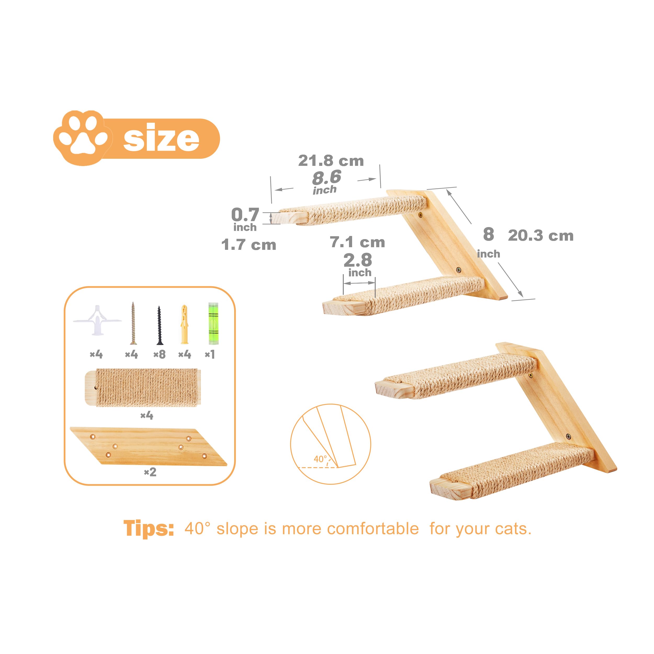 Mur d'escalade pour chat - Lot de 3 - Avec 2 marches et plateforme de jeu - En bois massif - Montage mural - Pour l'escalade, les jeux, le sommeil