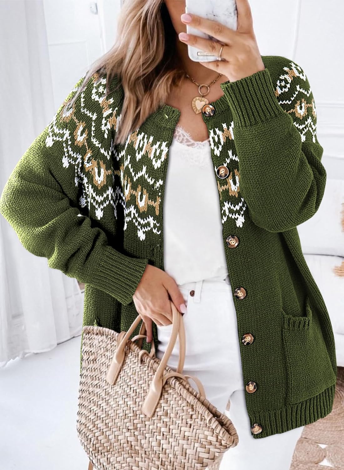 Dokotoo Womens Cardigans Casual Long Sleeve Chunky Knit Fall Winter Button Down Fair Isle Cardigan Sweaters - Image 4