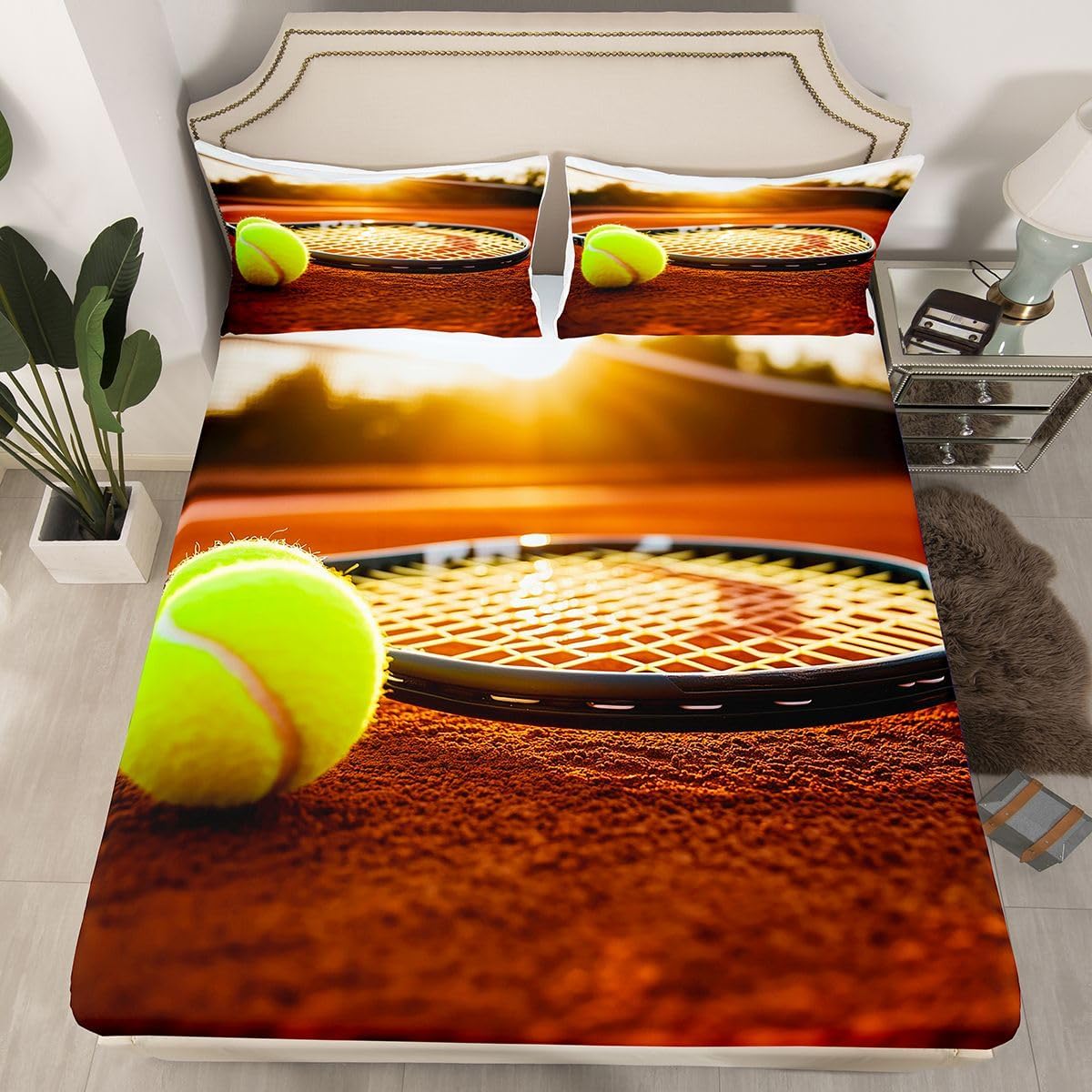 Kids Tennis Ball Bedding Sheet 3D Tennis Racket Bed Sheet Set for Boys Girls Women Men Bedroom Sports Theme Decor Fitted Sheet Set 3D Ball Pattern Comforter Cover Queen Size with 2 Pillow Case