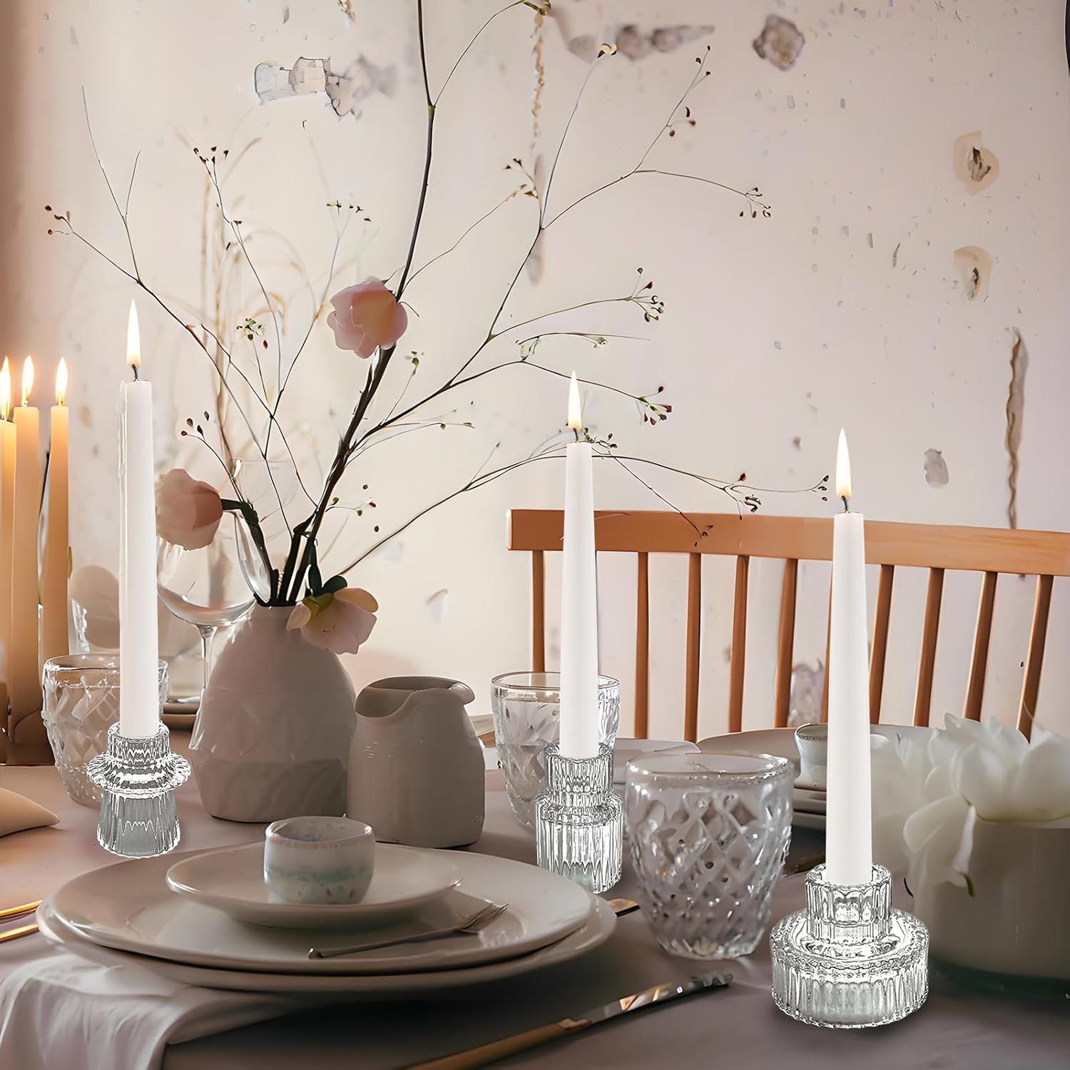 Double Sided Vintage Ribbed Taper Glass Candle Holders,Tea Candle Holder for Table Centerpieces, Wedding Decorations and Dinner Parties (Clear, 3 PCS) - Image 3