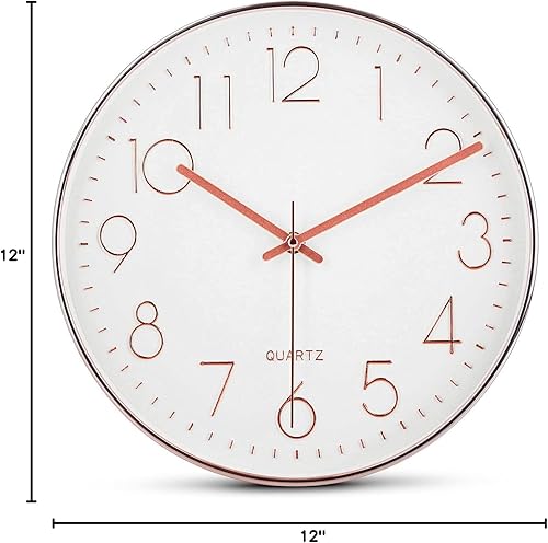 Miniatura 32 de Bernhard Products Reloj de pared plateado de 12 pulgadas, silencioso, sin tictac, de cuarzo, funciona con pilas, redondo, blanco, decorativo, diseño