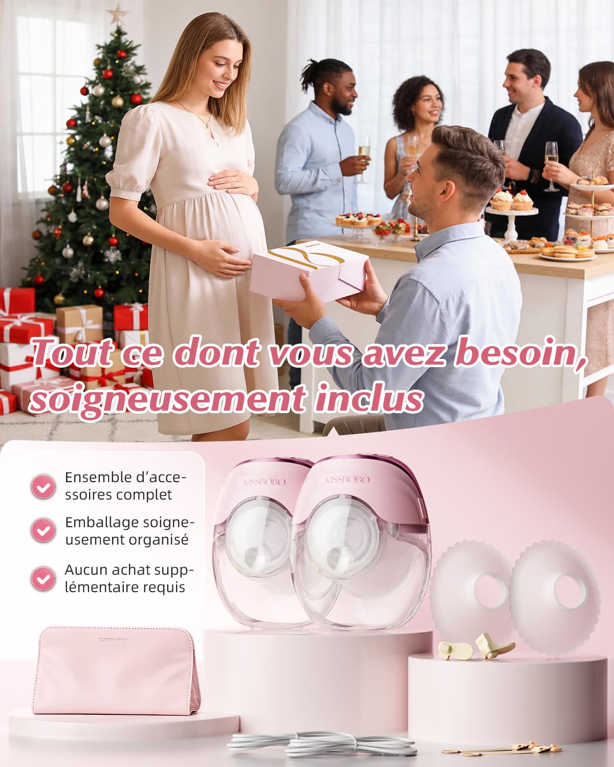 KISSBOBO Coffret cadeau Tire Lait Electrique Ultra plat | 3 Modes 8 Niveaux, Main Libre Double, super silencieux pour un pompage discret (Crème 2 Pièces)