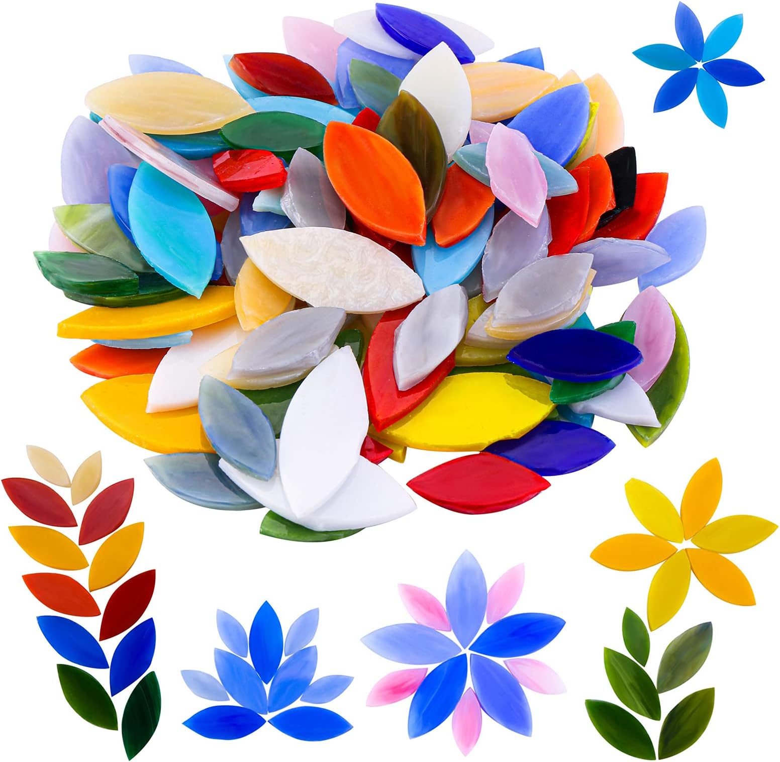 Yoption 100 Pieces Petal Mosaic Tiles, Hand-Cut Stained Glass Flower Leaves Tiles for Art Craft and Home Decorations
