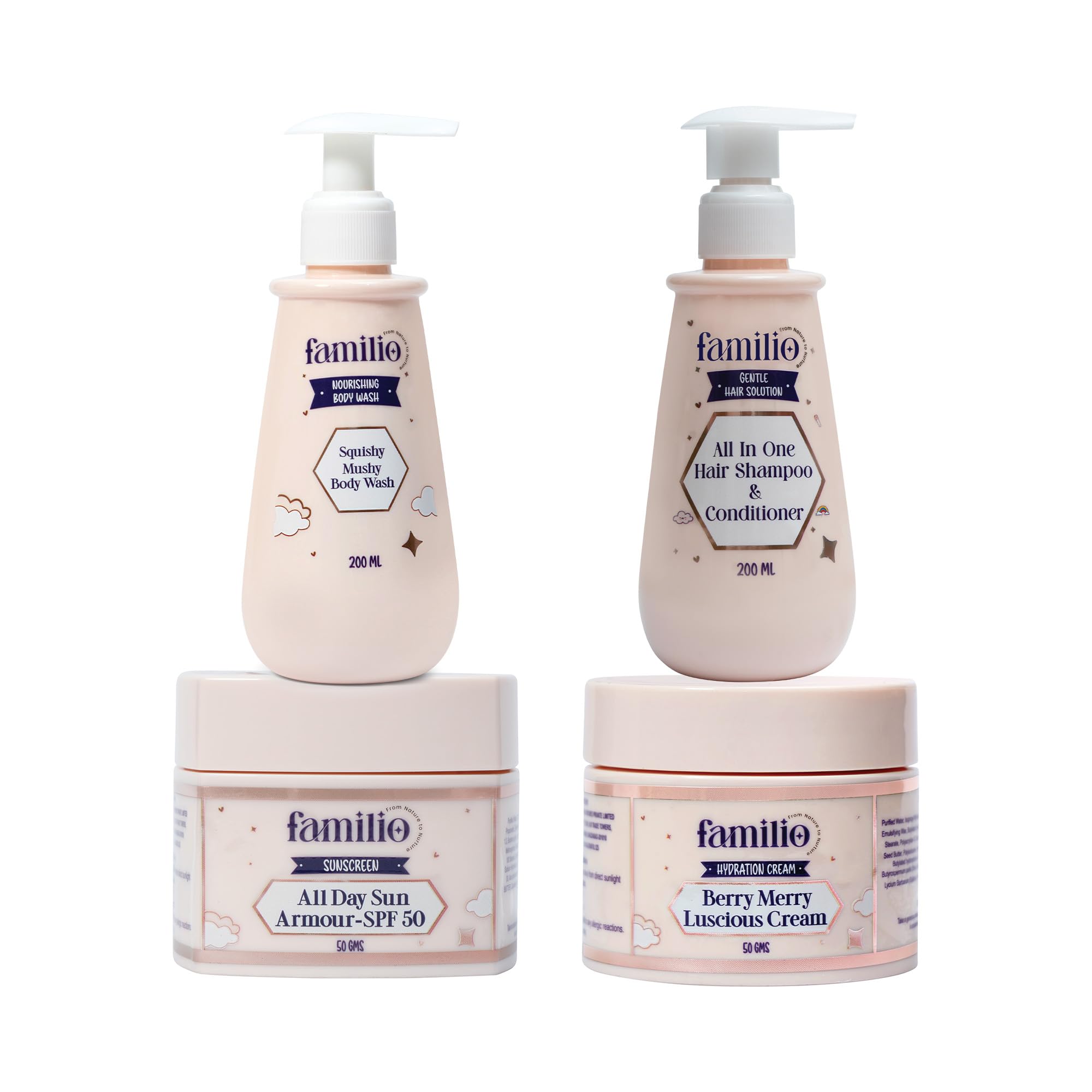 Familio Kids Bath and Body Care Gift Set, 200ml Squishy Mushy Body Wash, 200ml Shampoo Conditioner, 50g Berry Merry Luscious Cream, 50g SPF 50 Sunscreen, 4 Piece Set-image-16