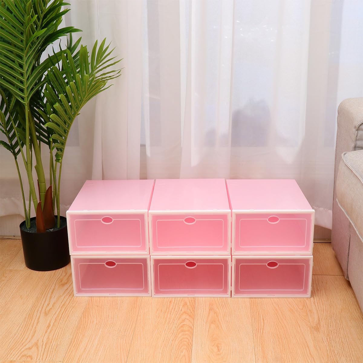 Scatole per Scarpe in Plastica Rosa Impilabili Trasparenti con Cornice Bianca, Organizer per 6 Paia di Scarpe, Design e Porta Trasparente per