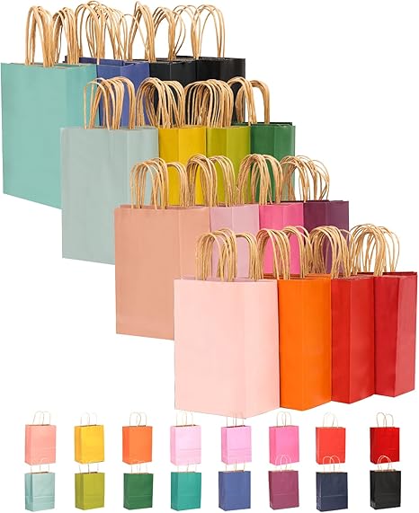qiqee 32-Packs Paper Bags with Handles Bulk 8.26"×6"×3.15" Small Gift Bags 16 Different Senior Color Bags Multiple Uses（Small Size）