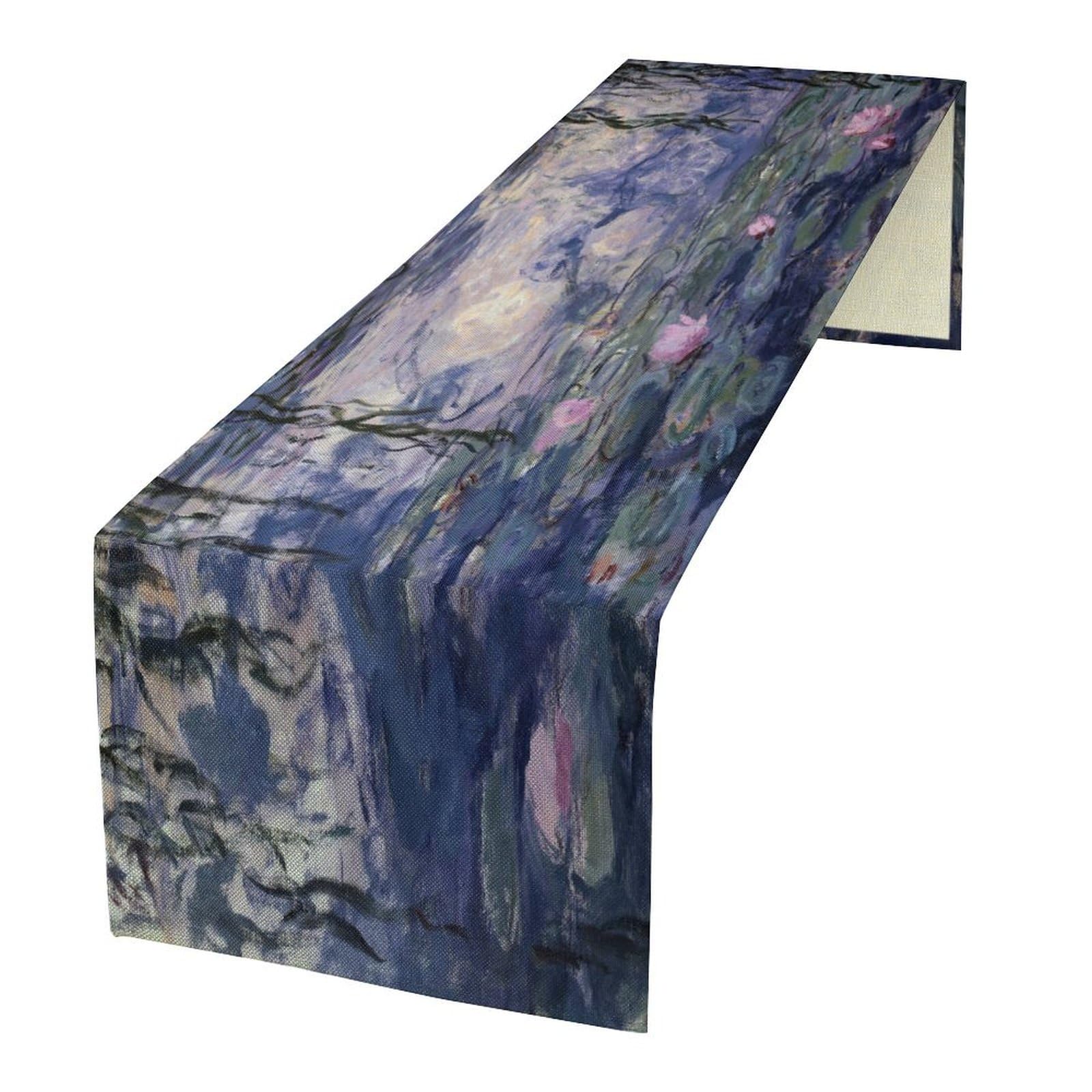 Monet Water Lily Table Runner, Art Vintage Abstract Oil Painting Lotus Pond Print Table Decor, Cotton Burlap Tablerunner for Dinning Room, Kitchen,