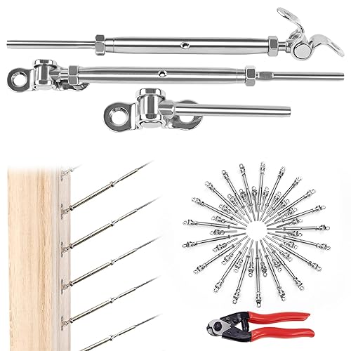 Muzata Juego de 20 pares de barandillas de cable de 18 pulgadas, tornillería T316 de acero inoxidable para poste de madera, ángulo de sistema fácil