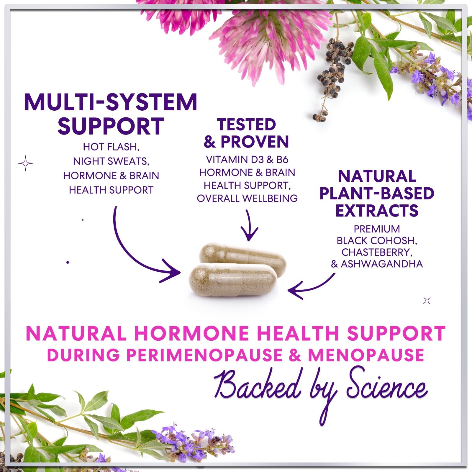 Menopause Supplements for Women - Complete Hot Flash Night Sweats & Menopause Relief Pills, Probiotics with Vitamin D3 B6 & Black Cohosh for Vaginal, Digestive Support, Gluten Free - 60 Capsules — Amazon image 3