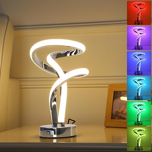 Miniatura 8 de Lámparas de mesa en espiral únicas táctiles, 7 colores regulables, lámpara de mesita de noche, atmósfera, moderna, lámpara de mesita de noche,