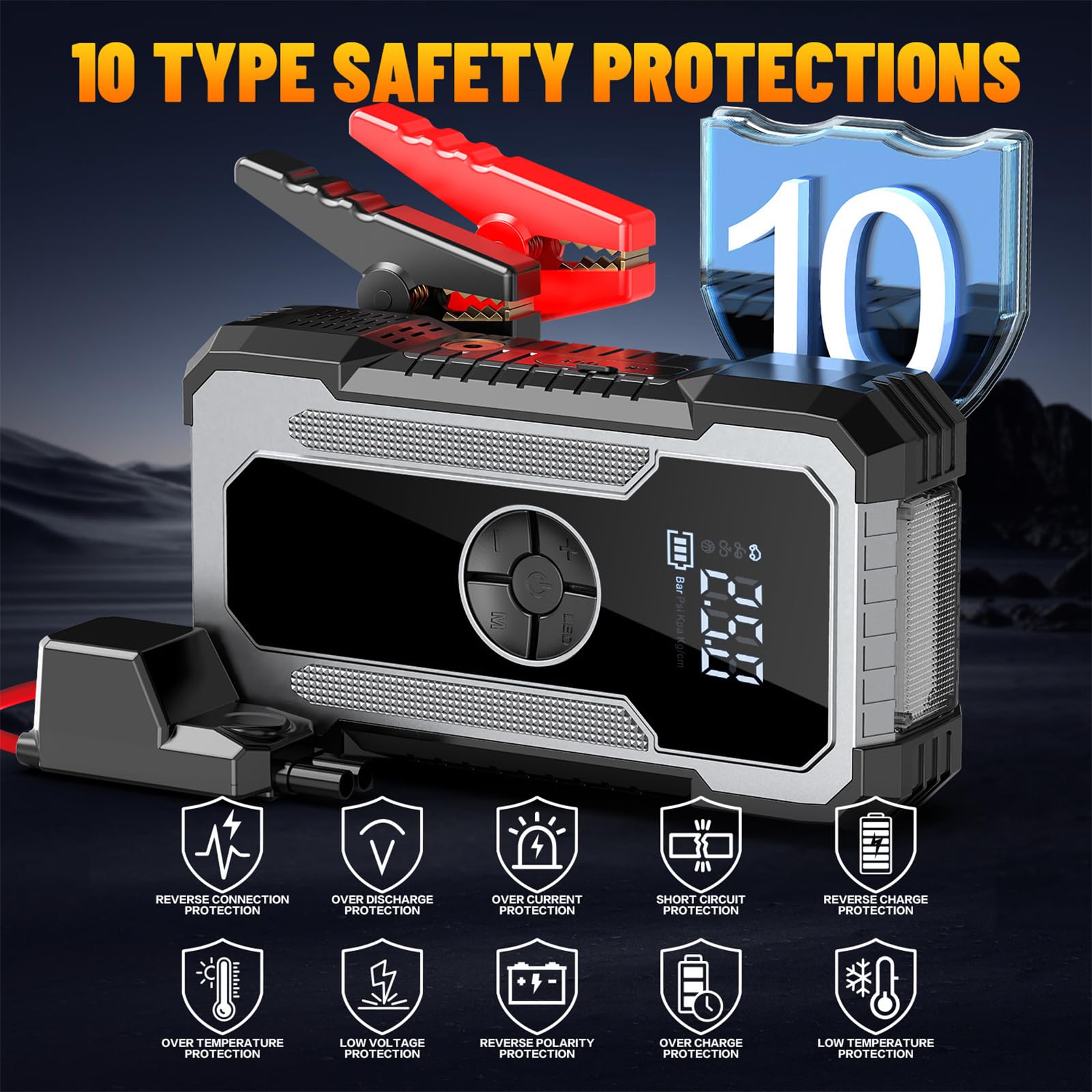 Arrancador de coche de 12 V de corriente de 4000 A con pantalla digital, compresor de aire, fuente de alimentación USB, sistemas de iluminación de emergencias, arrancador de batería de coche con