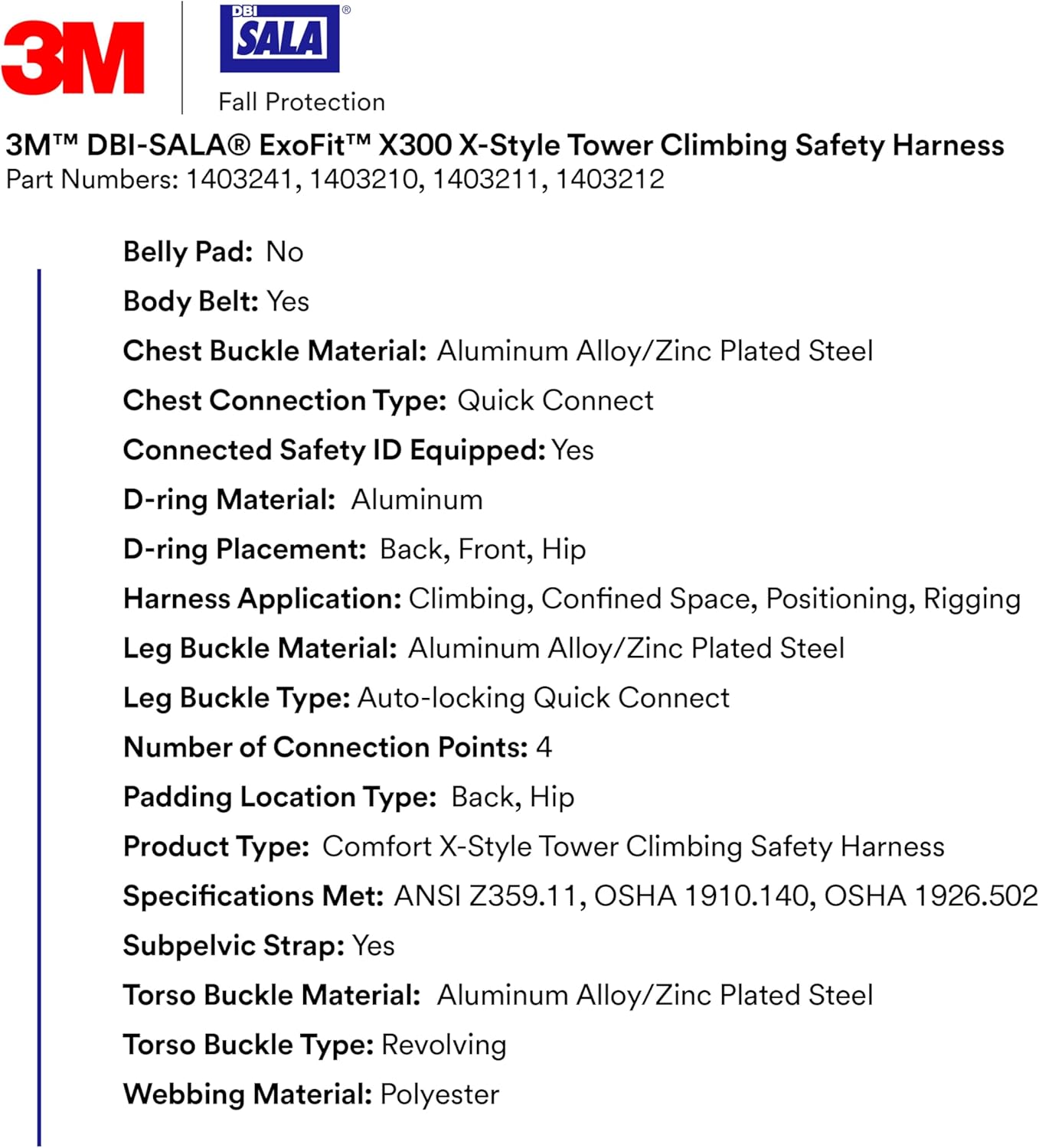 3M DBI-SALA ExoFit X300 X-Style Tower Climbing Safety Harness with Rigid Seat Sling, Back and Hip Padding, Quick Connect Chest and Leg Buckles, Back, Front and Hip D-Rings, Rigging, X-Large/2X