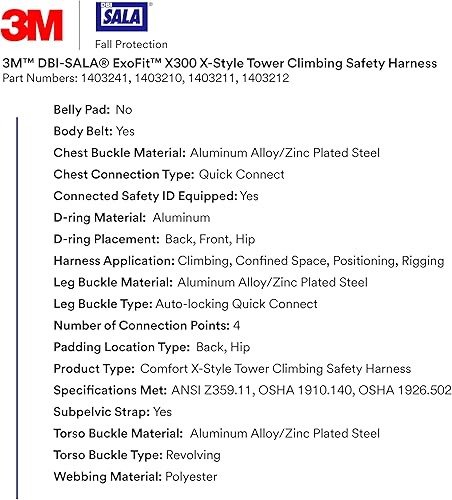 Miniatura 7 de 3M DBI-SALA ExoFit X300 X-Style - Arnés de seguridad para escalada en torre con eslinga de asiento rígido, acolchado de espalda y cadera, hebillas