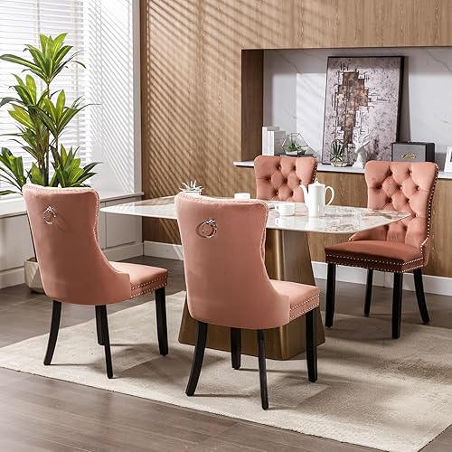 Miniatura 2 de Juego de 4 sillas de comedor modernas, sillas de comedor tapizadas con patas de madera maciza, silla decorativa de terciopelo rosa, sillas de