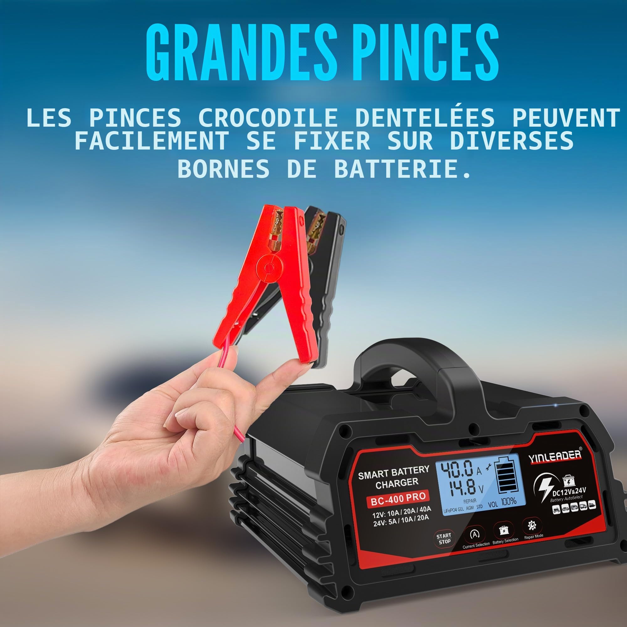 Chargeur de Batterie de Voiture 40 A/20 A 12 V/24 V 20 A/10 A Chargeur de Batterie de Voiture entièrement Automatique Intelligent avec écran LCD, chargeurs pour Batterie LiFePO4 12 V - Noir