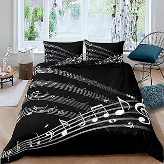 Musical Note Bedding Set Staff Pattern Comforter Cover for Kids Adult Classic Music Themed Duvet Cover Black and White Bedspread Cover Room Decor 2Pcs with 1 Pillowcase Twin Size (No Comforter)