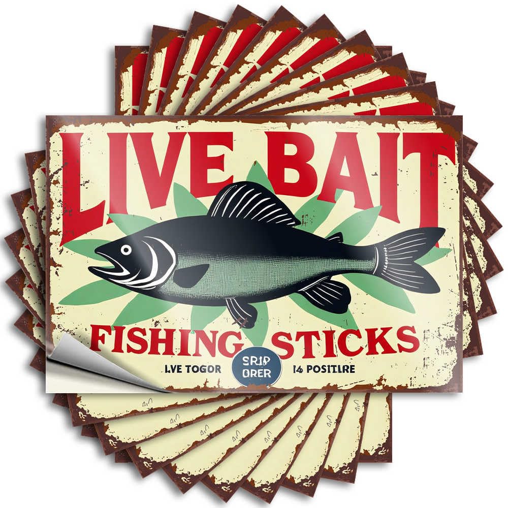 Lettering Sticker Farmhouse Porch Decor | Core Bumper Vintage Live Bait Fishing Sticks Sign with Fish Illustration for Halloween(6X9CM)