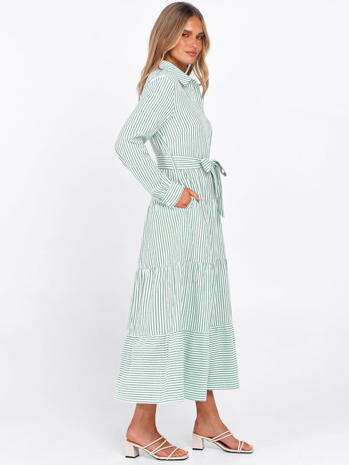 Caracilia Women Long Sleeve Maxi Dress 2026 Spring Casual Button Down Striped Plaid Tie Waist Shirt Dresses Vacation Outfits - Image 4
