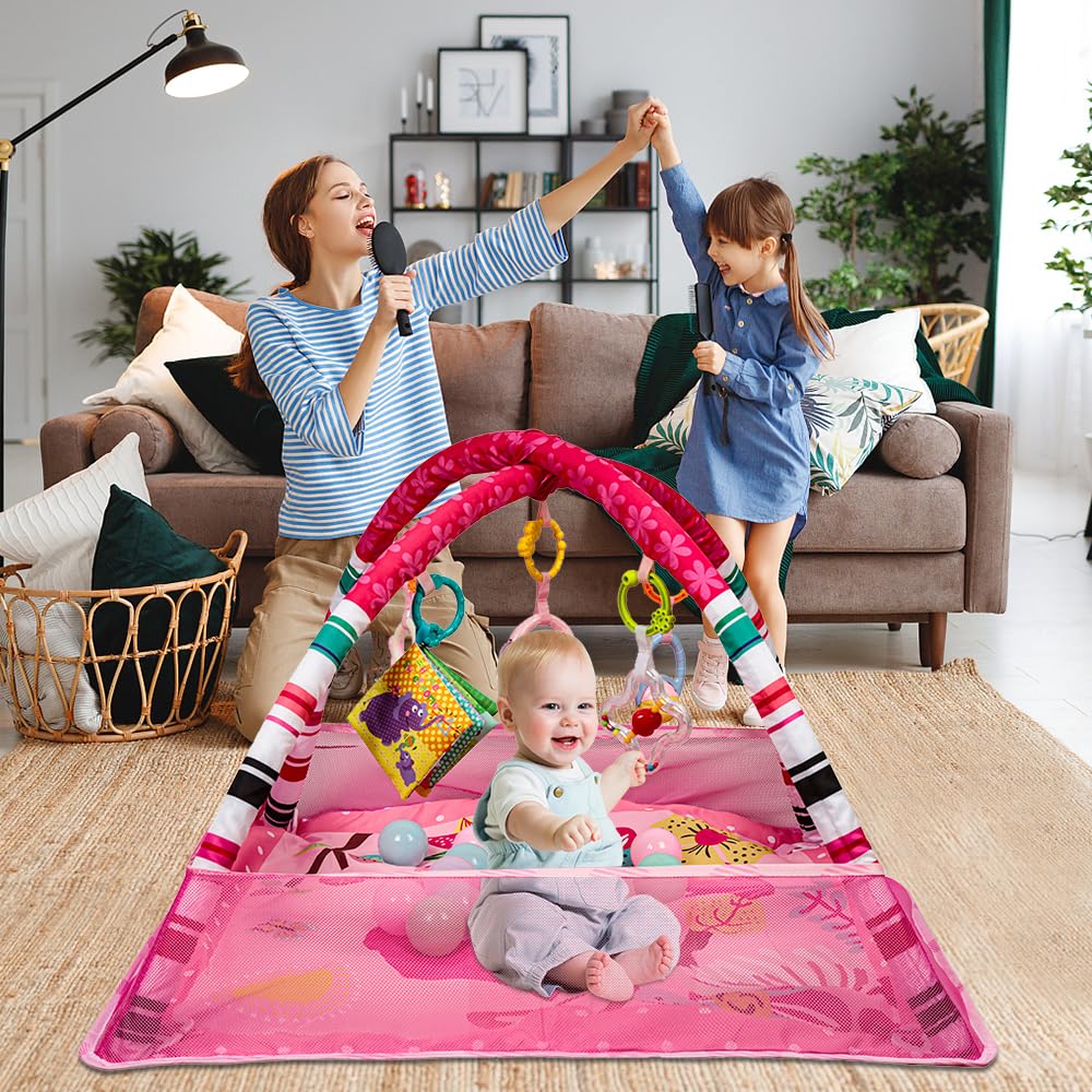 Parc de jeu bébé carré avec arche d'éveil, tapis d'activités, 18 balles de piscine incluses, pour nourrissons 0 à 3 ans，Rose
