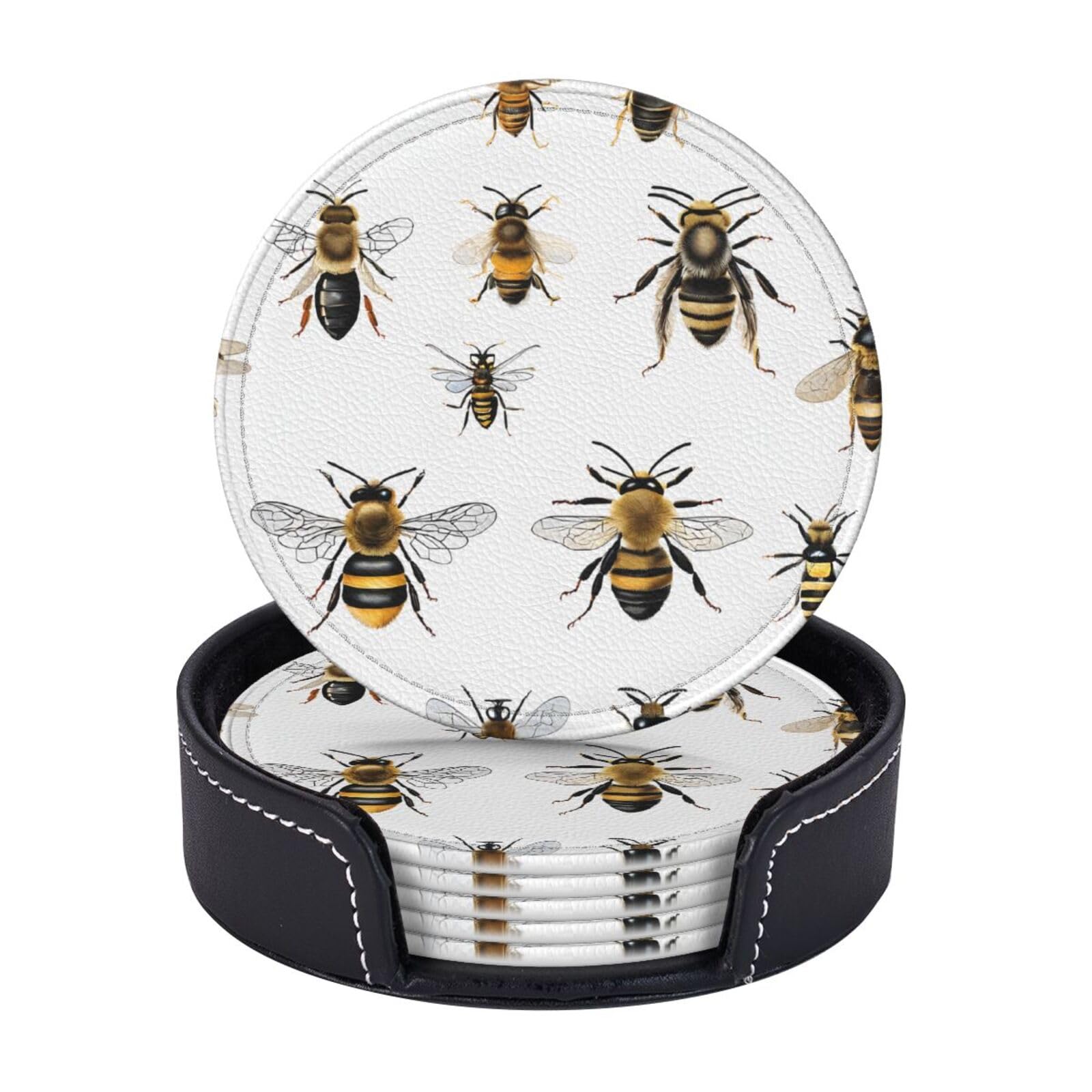 Augustrush Funny Bees Round Pu Leather Coasters Set Of 6, Print Coaster With Storage Box, Heat-Resistant Non-Slip Drink Pads For Kitchen Desk Office Dining Table