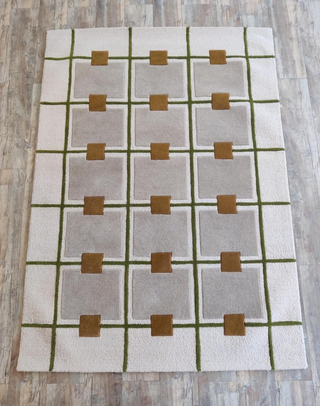 Geometric Area Rug, Gray Squares with Orange and Black Grid Pattern, Modern Contemporary Design (White and Cream, 4/6 feet)