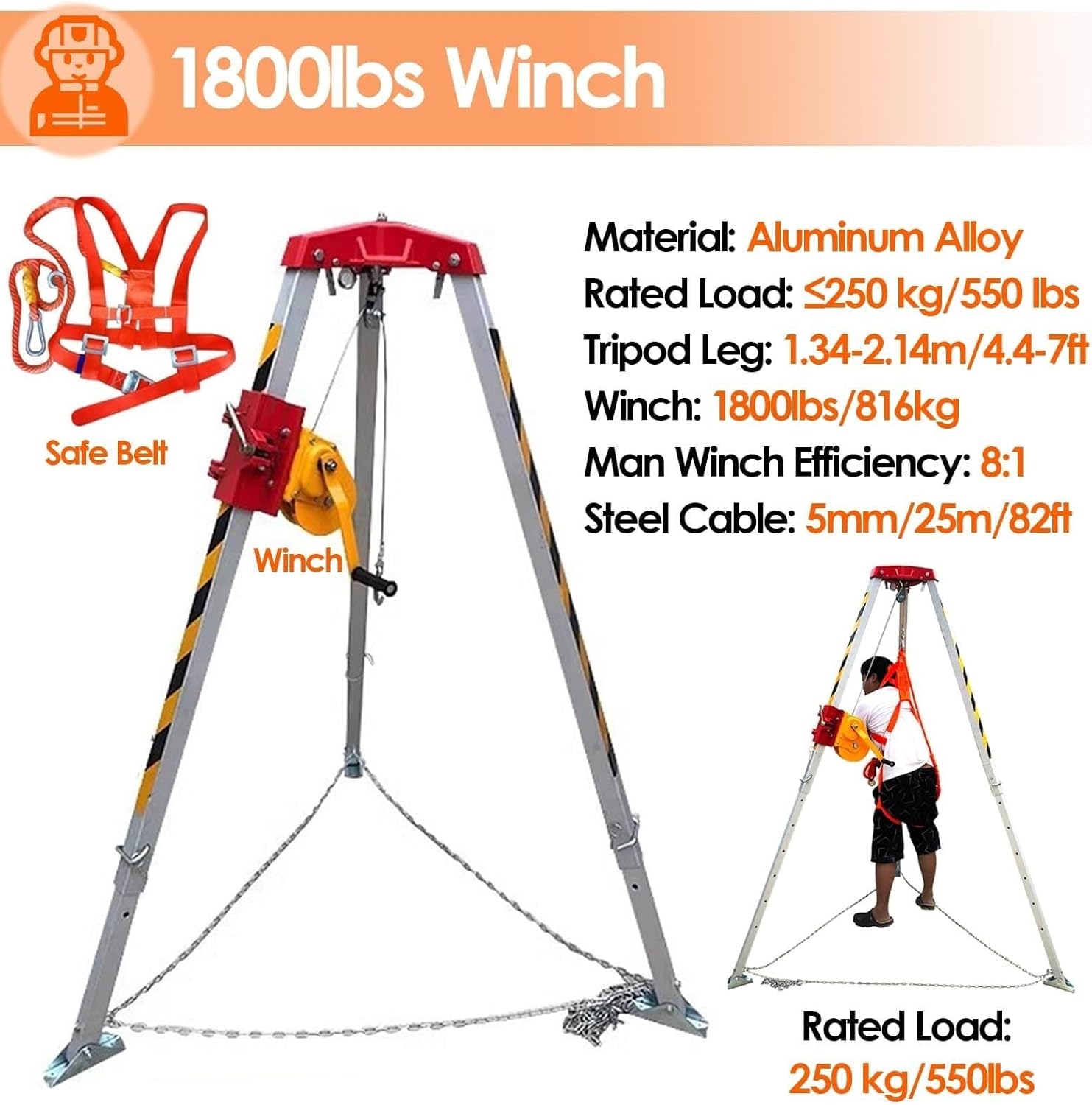 Confined Space Fall Arrest Kit, 1200-2600 lbs Aluminum Tripod System, Emergency Rescue Hoist Equipment with 1800 lbs Winch, Safety Fire Rescue Tools