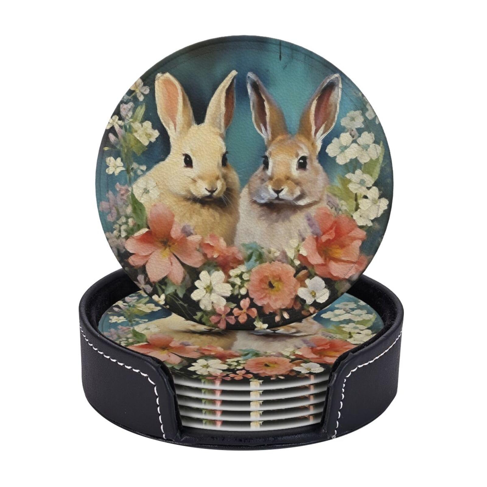Drink Coasters 6 PCS Round Leather Coaster Easter bunny Coasters for Drinks Non-Slip Mugs Pads with Holder Personalized Cups Pad Mat for Coffee Table Kitchen 10 CM