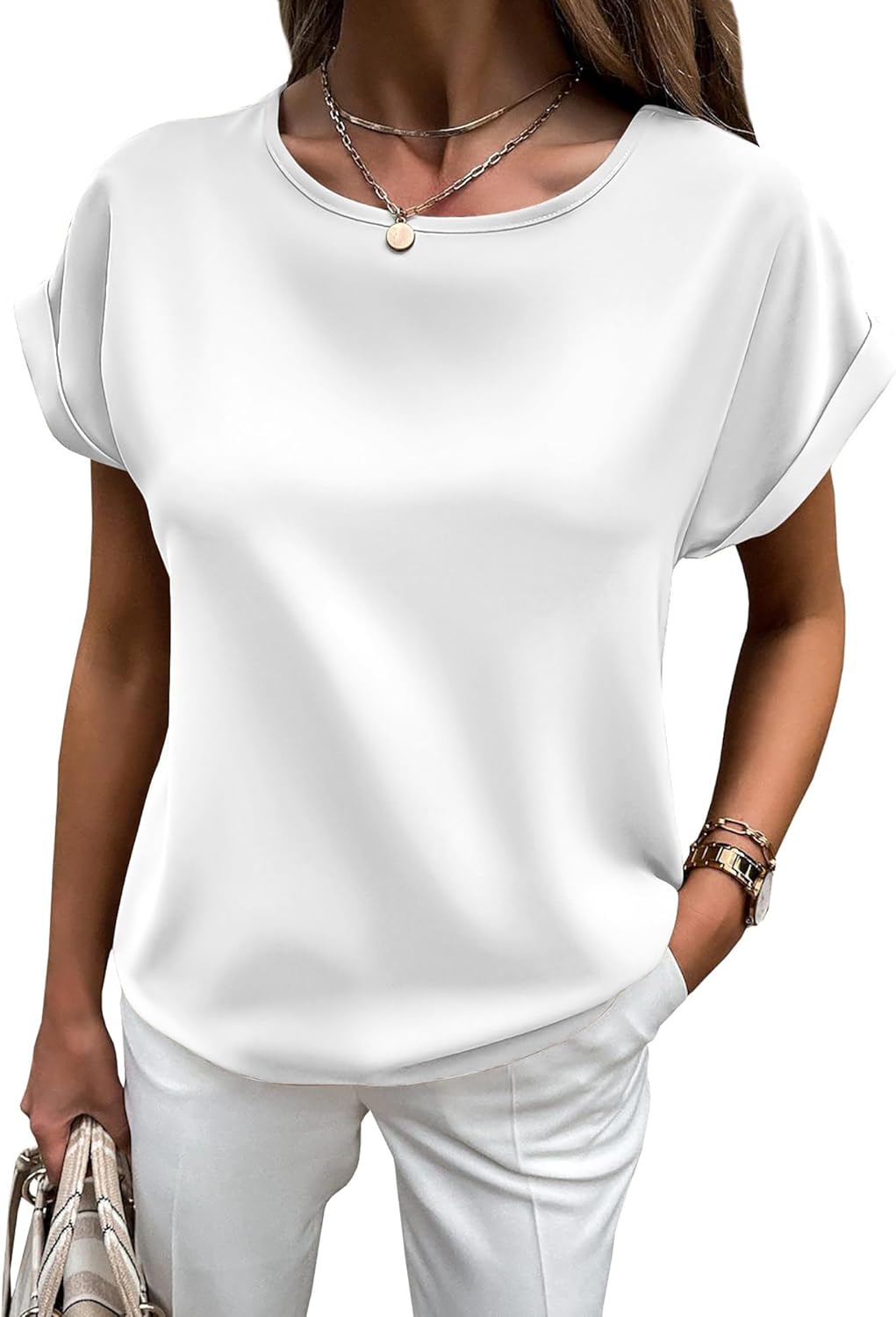 HOTOUCH Women's Short Sleeve Pullover Blouses Satin Silk Shirts Casual Loose Work Tunic Tops