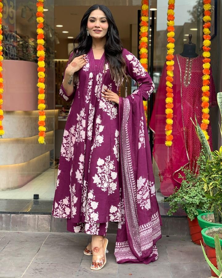 Toochki Women's Printed With Embroidered Anarkali Kurta And Pant Set With Dupatta