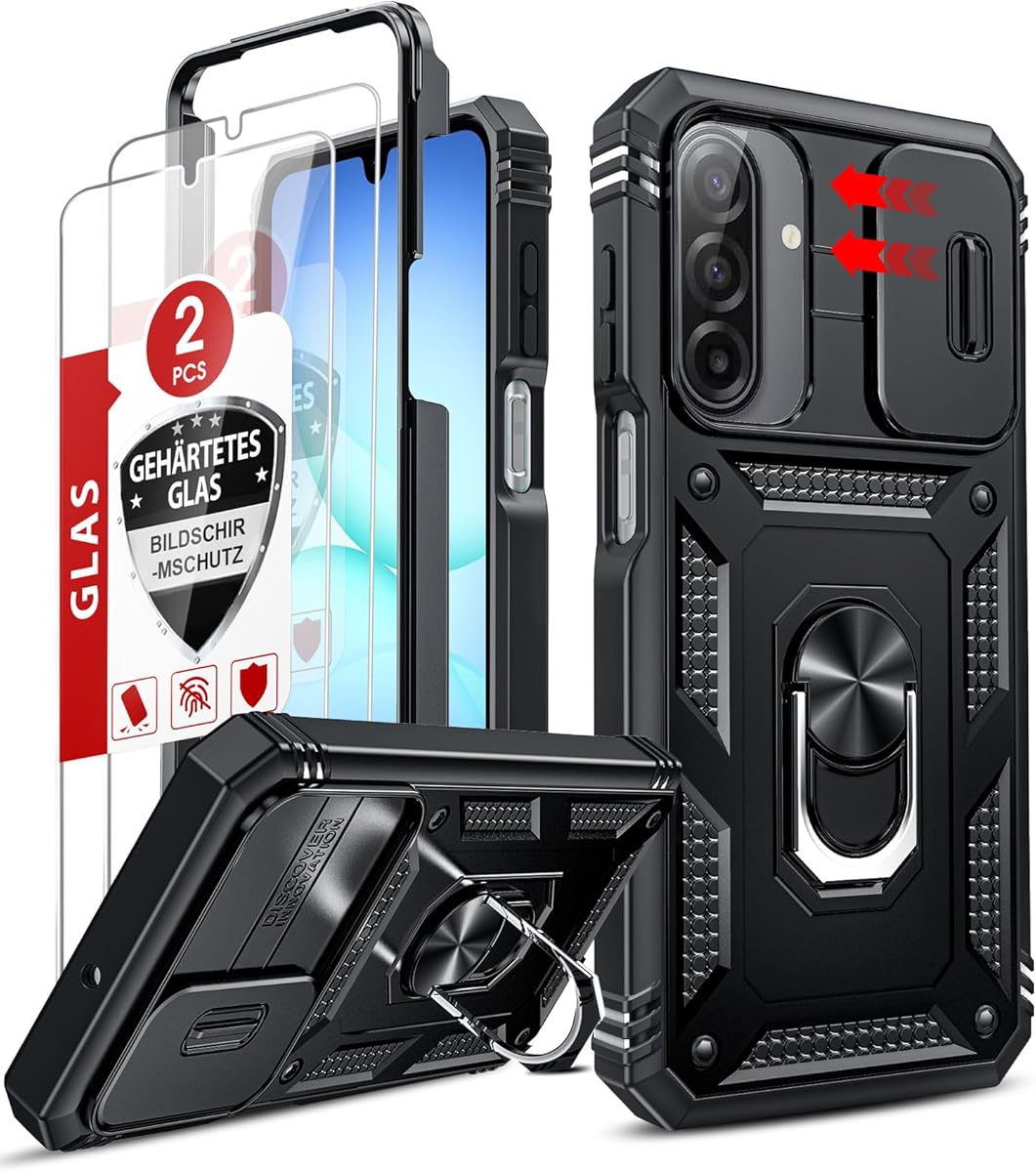 LeYi Kameraschutz Hülle für Samsung Galaxy A17 5G Handyhülle [2 Hartglas Schutzfolie] Hybrid Metall Ring Ständer Cover Case Kamera Schiebeabdeckung Schutzhülle Militär A 17 5 G Handy Hüllen Schwarz