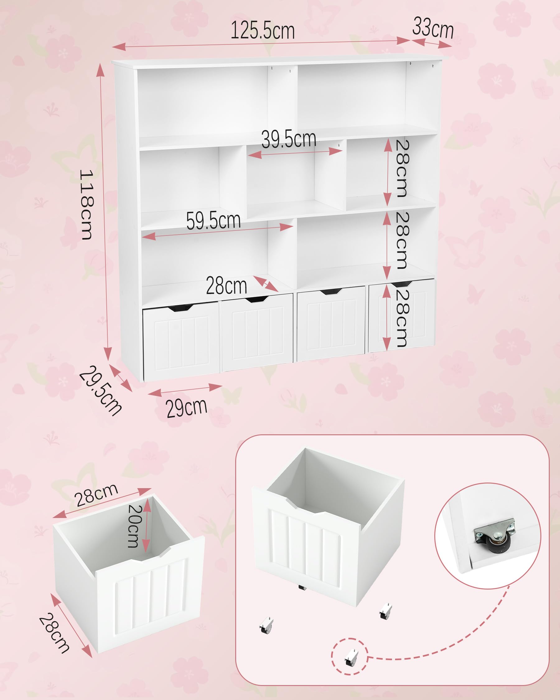 Estanteria Libros Infantil, Libreria Infantil, Almacenaje Juguetes con 4 cajones móviles, Organizador Juguetes con 7 Compartimentos Abiertos (125.5x33x118 cm)