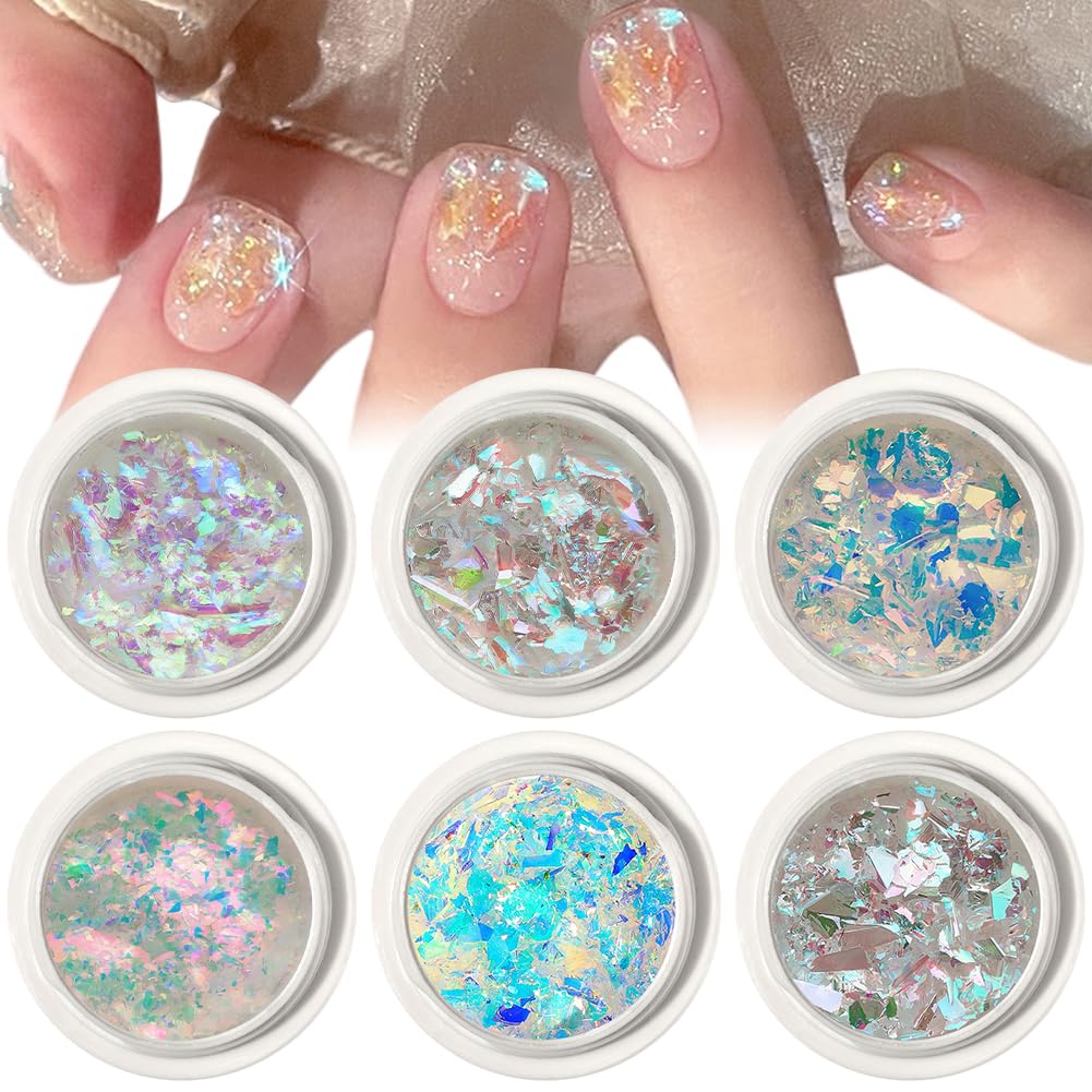6PCS Nail Art Glitter Nail Sequins Glitter Metallic Shining Flakes Sequins Flakes Nail Foil Nail Powder Manicure Tips Nail Art DIY at Home Nail Decorations Accessories
