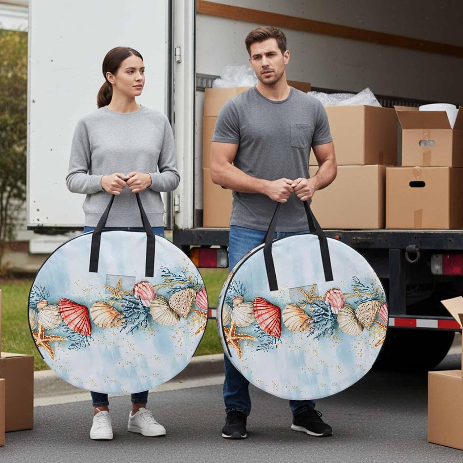 Summer Beach Round Storage Bag 36 Inch, Theme Shell Starfish Coral Nautical Coastal Clothes Storage Container with Handles Heavy Duty Organizer for Comforter, Bedding & Holiday Wreaths