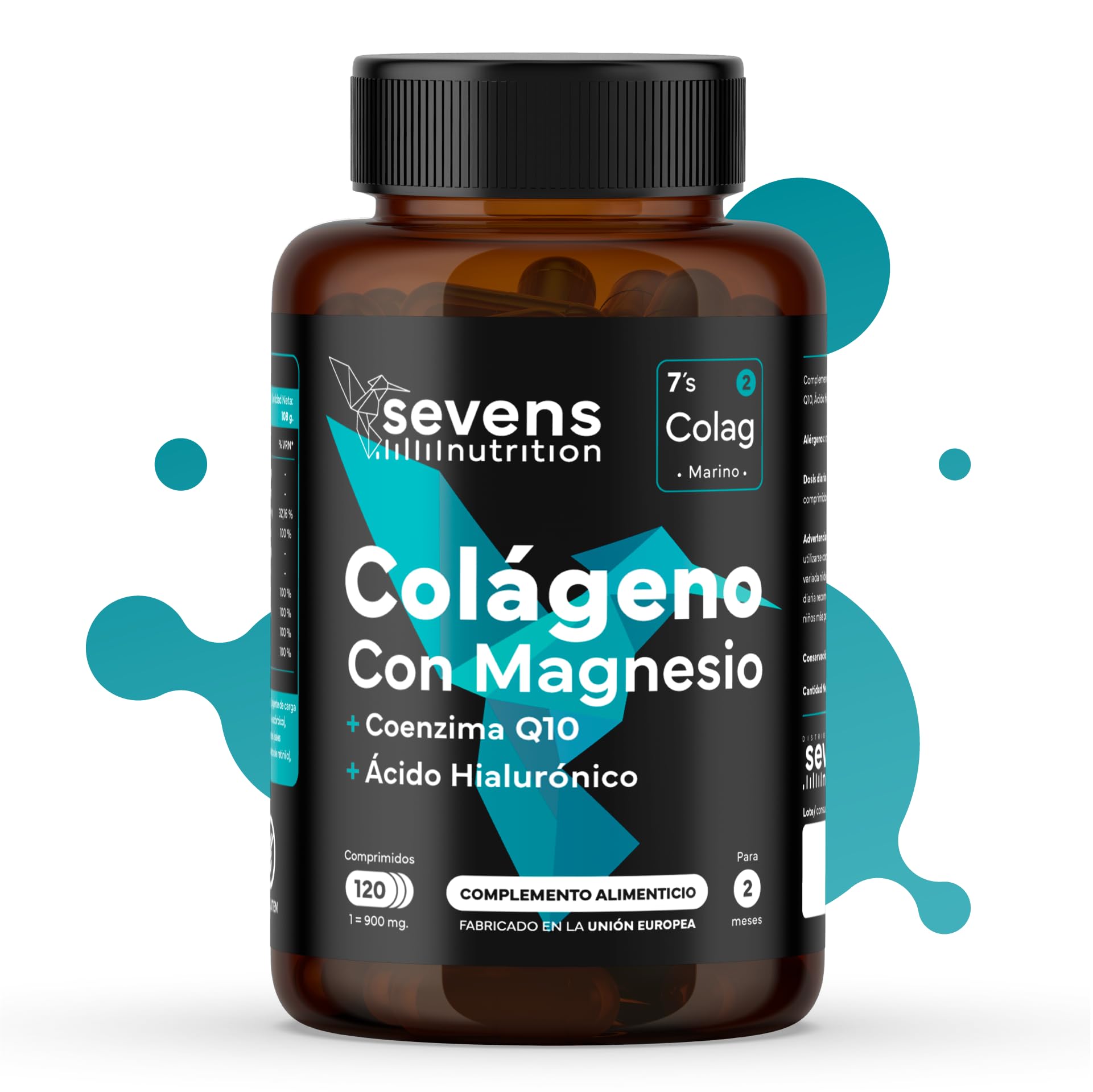 Colágeno Marino Hidrolizado con Magnesio, Ácido Hialurónico y Coenzima Q10 - Enriquecido con Vitaminas A, C, D3, B12 y Zinc - Fortalecimiento óseo, articular, muscular y cutáneo - Sevens