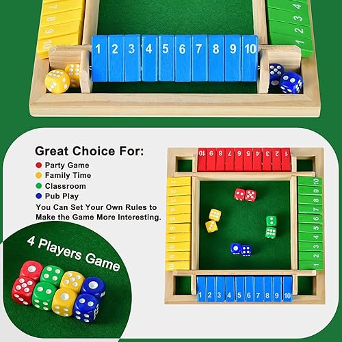 Miniatura 4 de Shut The Box - Juego de mesa de madera  2-4 jugadores 1-10 números juego de matemáticas de madera oscura con 8 dados, juego de estrategia clásico