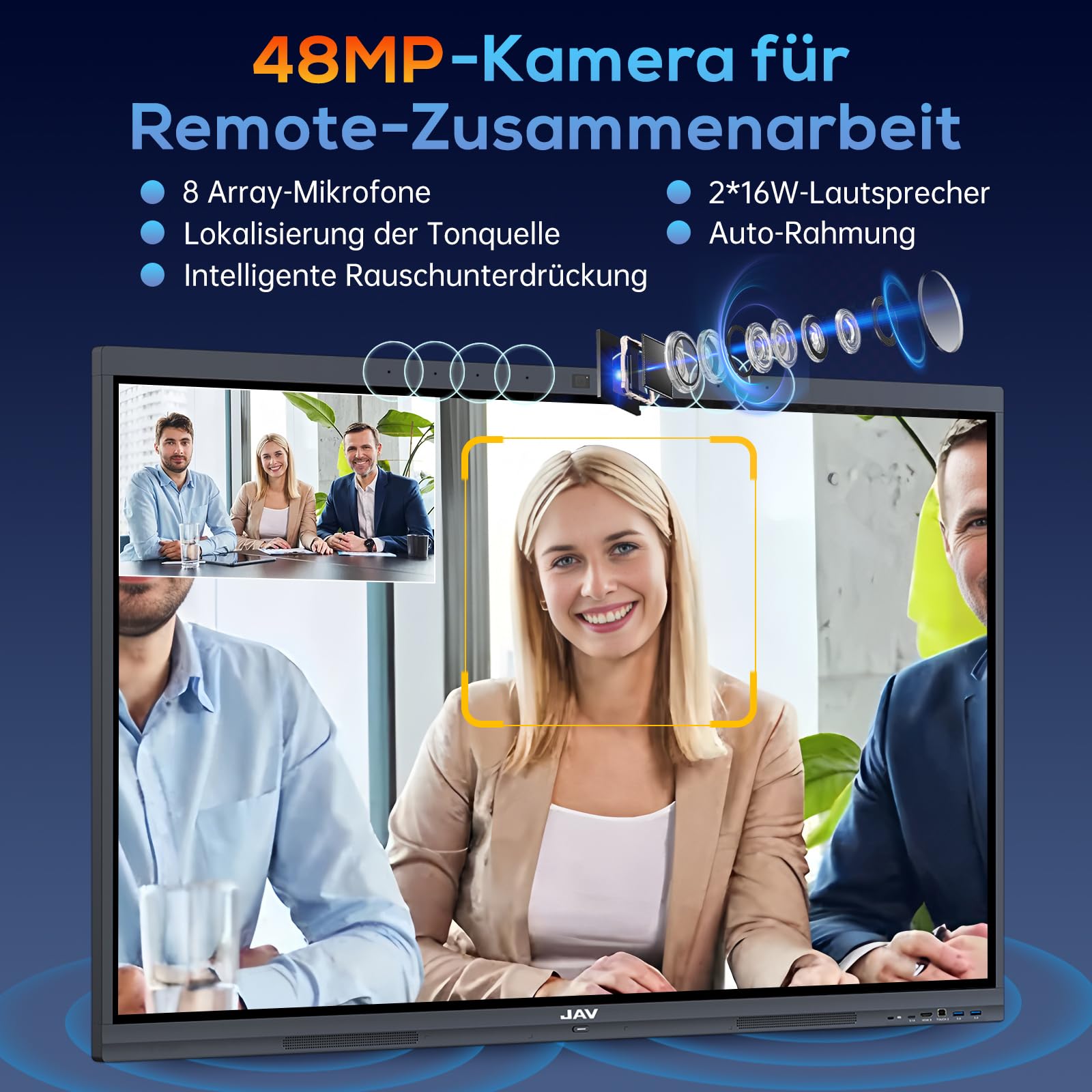 JAV Interaktives Whiteboard 65 Zoll Smart Board Touchscreen 4K UHD Android 14 Google EDLA Zertifiziert Digitale Whiteboard 8+128GB Eingebaute 48MP AI Kamera für Büro Schule (Inklusive Wandhalterung)