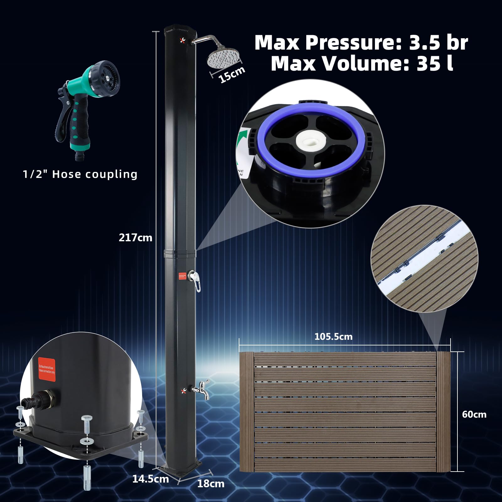 CCLIFE Solardusche 35L mit Bodenplatte und Handbrause Solar Gartendusche Pooldusche Regendusche Außendusche Garten Brause warmes Wasser