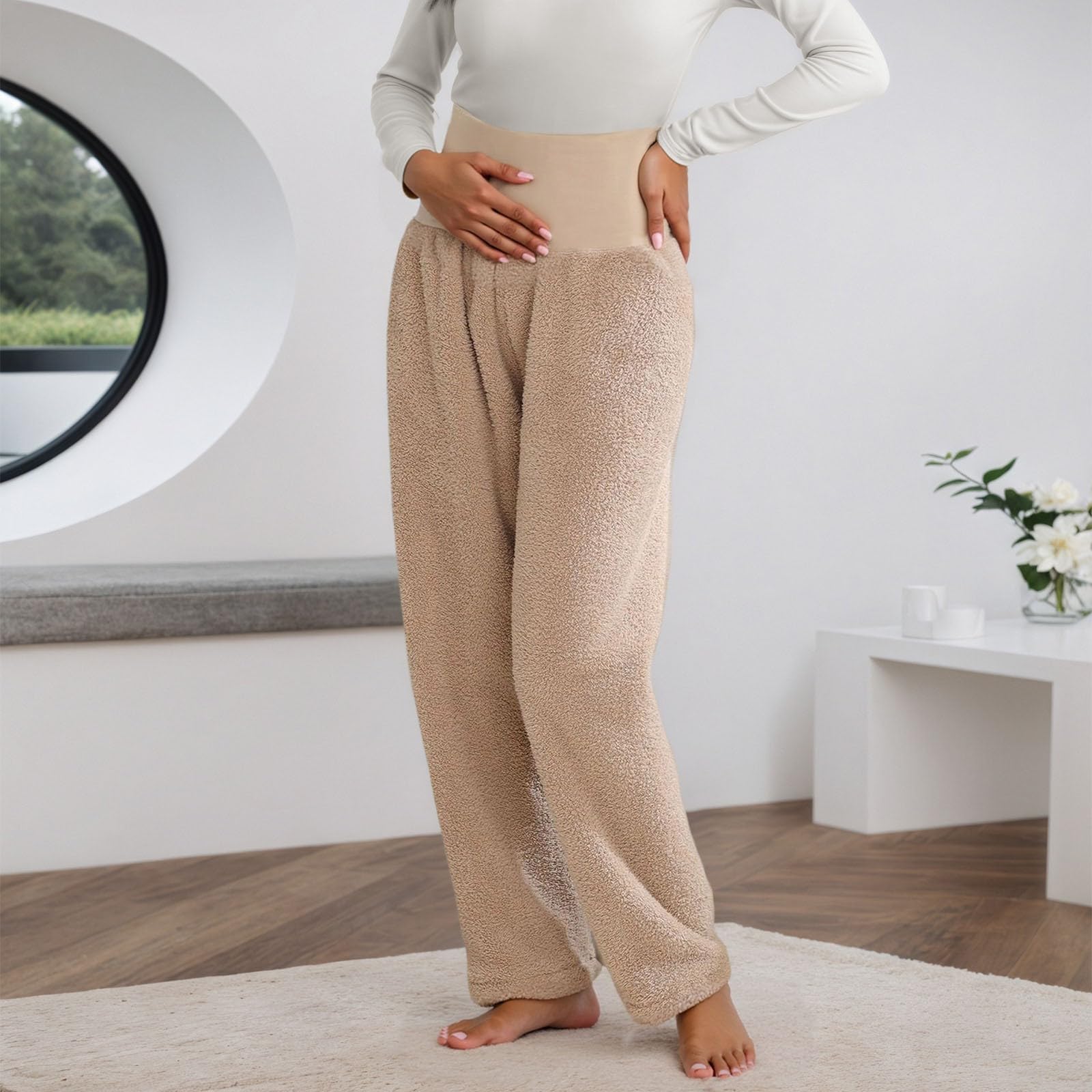 Umstands Loungehose Damen Umstandshose Teddy Fleece Schlafanzughose Schwangerschaft Hosen Lang Flanell Pyjamahose Sherpa Gefüttert Freizeithose Flauschige Plüschhose Nachtwäsche