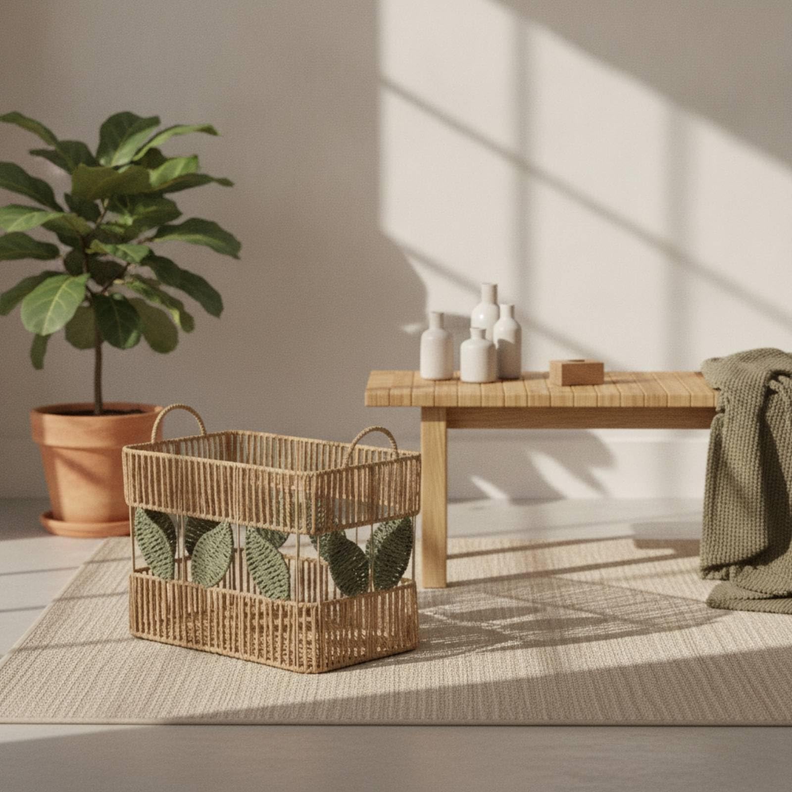 Qianly Cesto Portabiancheria con Manici Decorativo Cesto Intrecciato a Mano Traspirante Cestino per Bagno, Cesto Portaoggetti In Corda Intrecciata Con Doppie Maniglie - Medio
