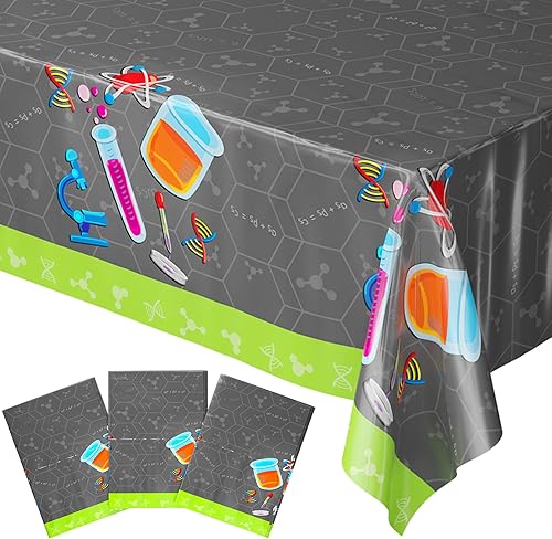 Blue Orchards Fundas de mesa de ciencia (paquete de 3)  54 x 108 pulgadas XL  Decoraciones de fiesta de cumpleaños de ciencia, fiesta de química,