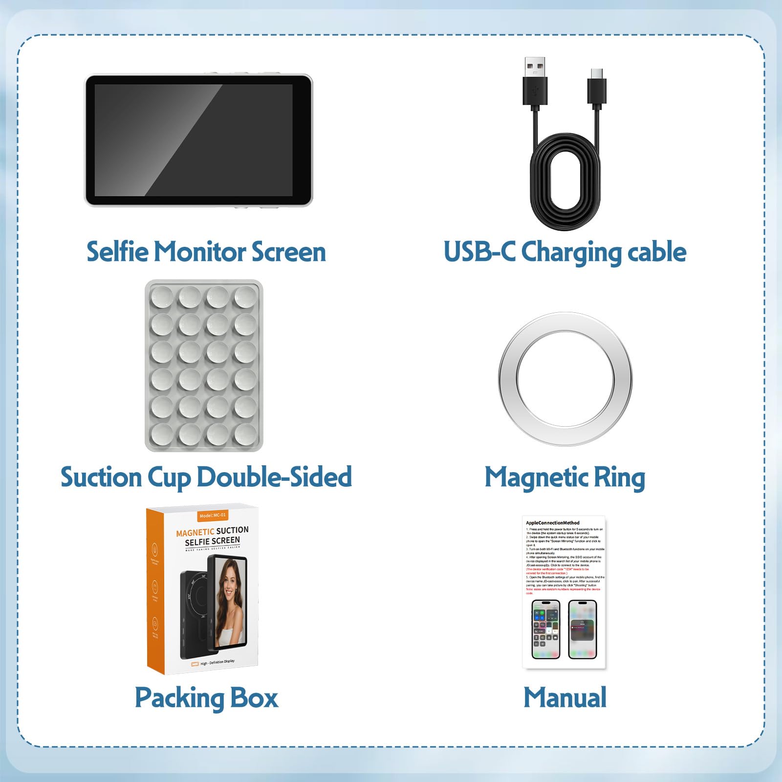 Moniteur Selfie Magnétique 1080P pour Caméra Arrière Smartphone | Écran Miroir pour iPhone et Android, Contrôle par Bouton, Batterie 3.5H, WiFi 5G, Charge Rapide Type-C Vlog