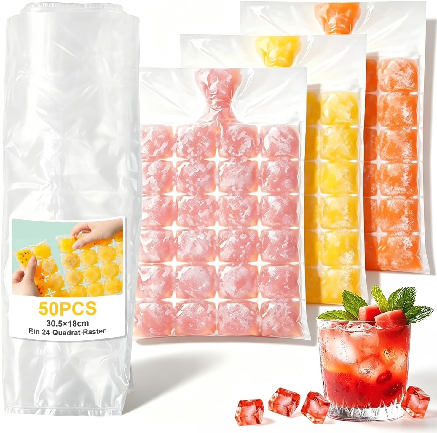 Nuyoah Eiswürfelbeutel Einweg Ice Cube Bags Eiswürfel Tüten 50Stk | Eiswürfelform Säck Eiswürfeltüten Selbstdichtend Eisbeutel Beutel bis zu 1200 Eiswürfel zur Herstellung von Eiswürfeln