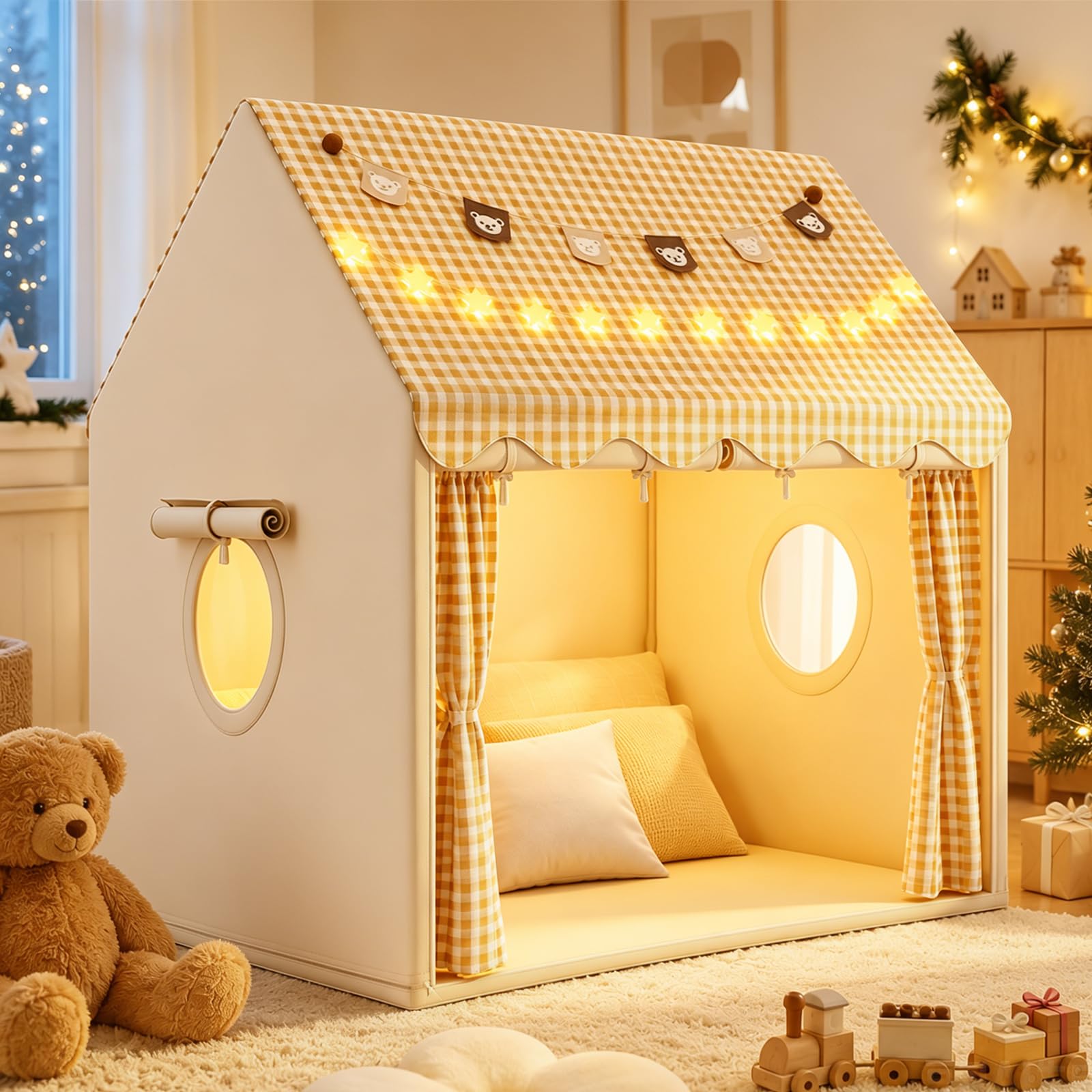 Kids Play Tent Indoor Outdoor, Portable Playhouse with Decorative Lights