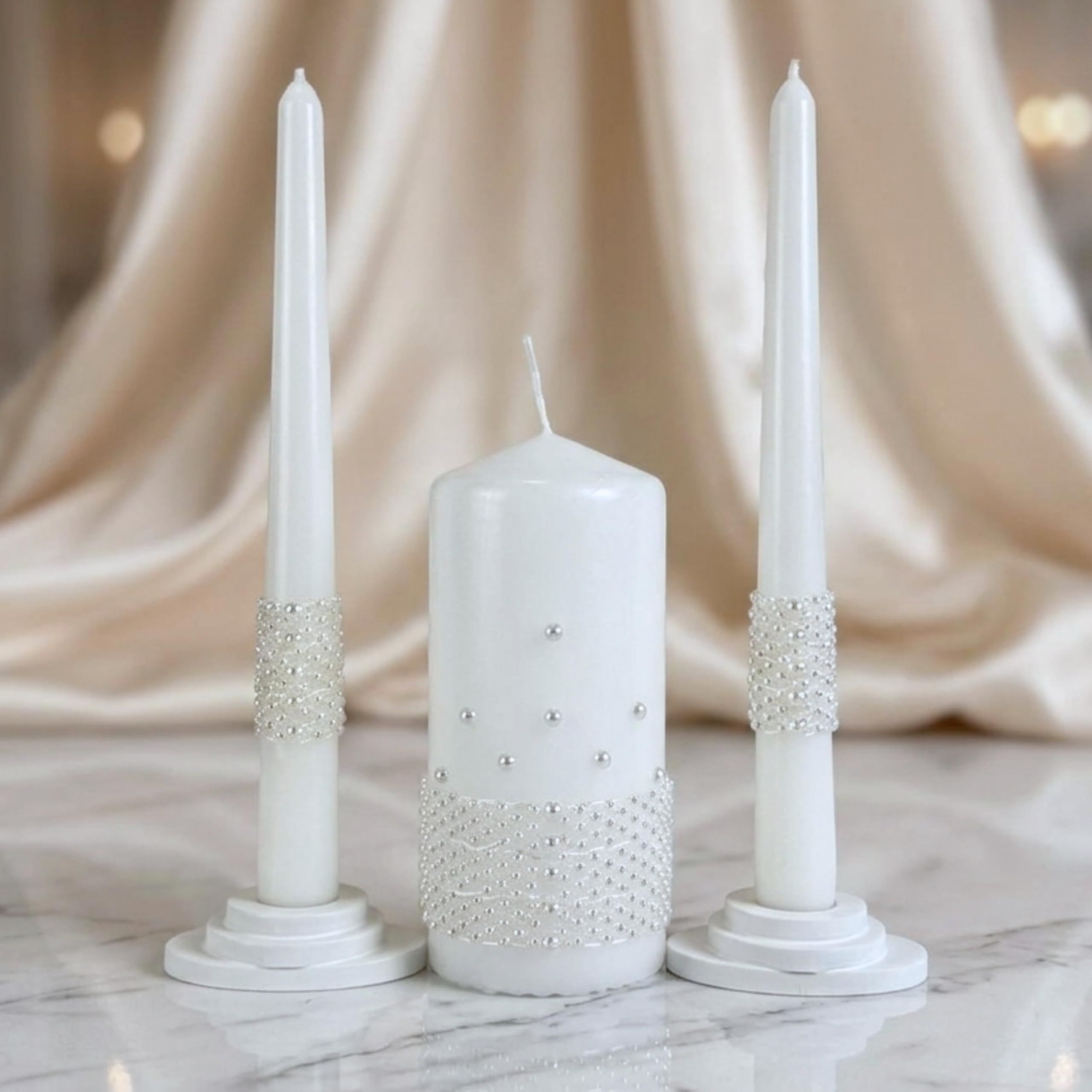 Unity - Set di candele per matrimonio, set di candele da 15 cm e 2 coni da 22,5 cm, unico colore al quarzo (quarzo bianco)